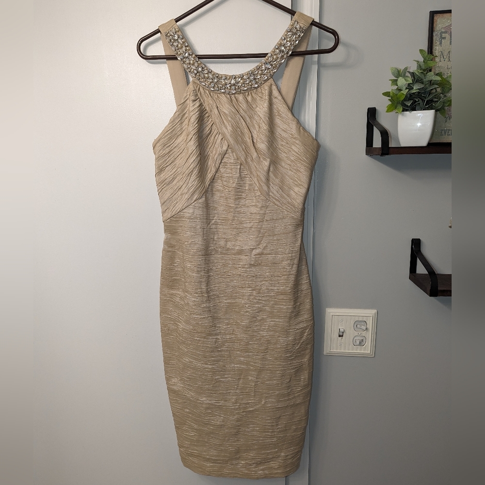 Eliza J Pearly-Cream Bodycon Dress with Jeweled Neckline